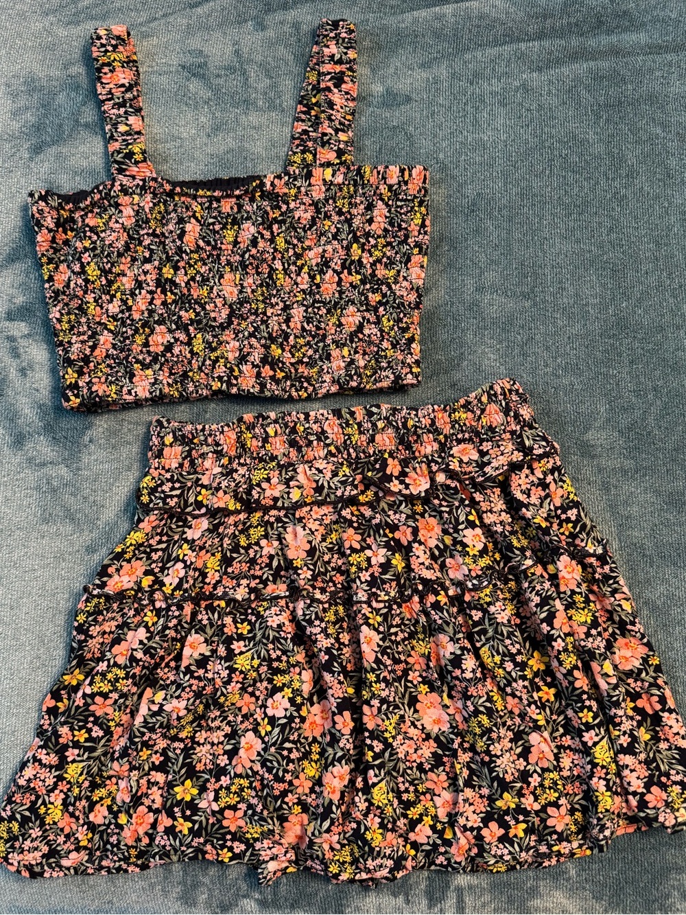 American Eagle Outfitters Black Floral Smocked Crop Top & Skirt Set